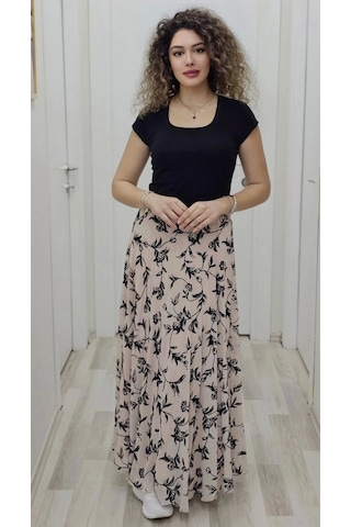 Bel Lastikli Flok Baskılı Kloş Şifon Etek 6003-siyah/pudra Siyah/pudra Siyah - Pudra