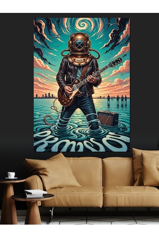 Karizma Tablo Gitar Çalan Balık Adam Dekoratif Kanvas - Mdf Ahşap Tablo