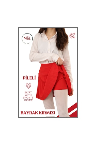 Kız Çocuk Pileli Etek Kırmızı Yüksek Bel İçi Şortlu Likra Kumaş Okul-oyun-spor-etkinlik Eteği 4103 Kırmızı