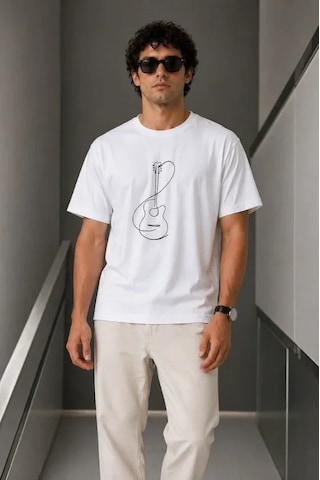 Veraura Lifestyle Erkek Minimal Gitar Baskılı Tişört T-shirt Yazlık Kısa Kol Bisiklet Yaka T-shirt - Beyaz