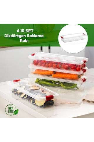 Porsima 455-4 4 Lü 2,3lt Kilitli Kapaklı Yiyecek Erzak Saklama Kabı Seti - Buzdolabı Düzenleyici Organizeri Şeffaf