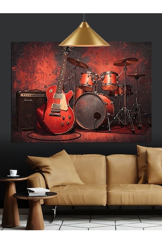 Davul Gitar Müzik Aletleri Dekoratif Kanvas - Mdf Ahşap Tablo