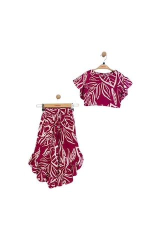 Kız Çocuk Beli Lastikli Desenli Pantolon Bluz Takım-13948 Fuşya