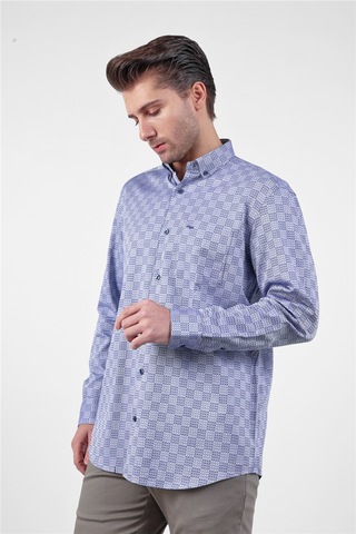 İmza Lacivert - Mavi Düğmeli Yaka Uzun Kol Cepli Comfort Fit Pamuk Gömlek 1004260173 3XL