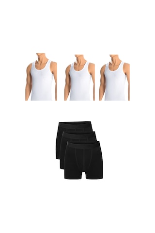 Erkek Pamuklu 3'lü Beyaz Atlet Ve 3'lü Siyah Boxer 6 Parça Set