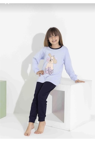 Kız Çocuk Baskılı Uzun Kollu Pijama Takımı Sevimli Ev Giyimi-8408- Mavı