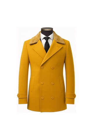 Erkek Kürklü Yaka Kaşe Kaban Slim Fit Çift Düğmeli Kışlık Mont Hardal Sarısı