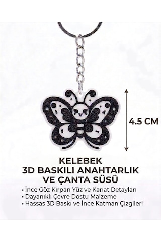 Kelebek 3d Baskılı Anahtarlık & Çanta Süsü Beyaz - Siyah