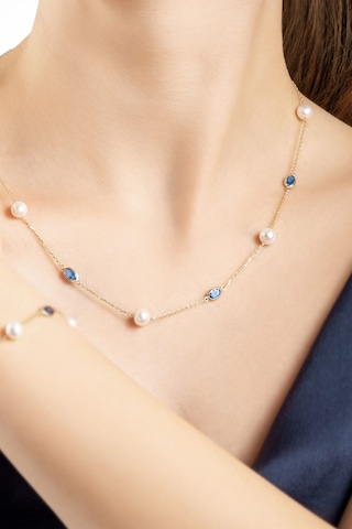 Doğal İnci Işıltısı 14 Ayar 45 Cm Sarı Altın Kolye Mavi