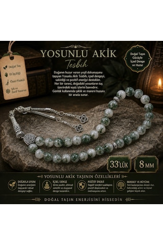Doğal Yosunlu Akik Taşı Tesbih 33'lü - 8 Mm Gümüş Kamçılı Erkek Tesbih Çok Renkli