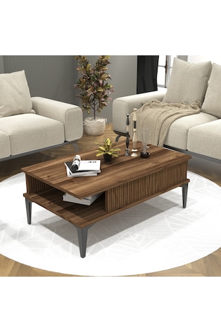 Marin Orta Sehpa , Ceviz , Çizgi Desenli , Raflı