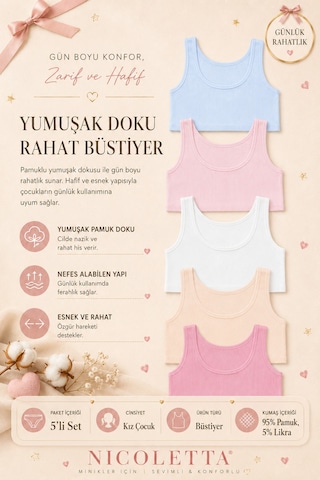 Nicoletta Kız Çocuk Büstiyer Geniş Askılı 5 Li Paket Likralı Pembe