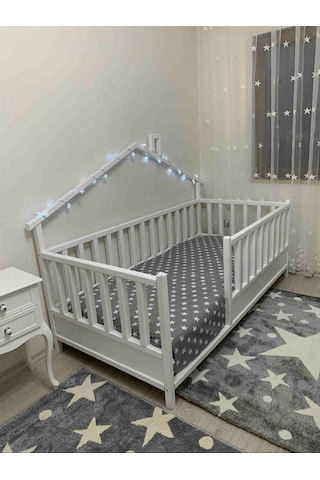 Babykinder Baby Kinder Wh. Back Roofed Doğal Ahşap Yatak Montessori Bebek Ve