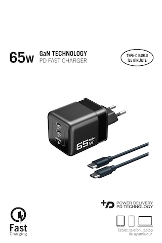 65w Laptop Ve Telefon Şarj Cihazı Usb-c 2 Pd Hızlı Akım Korumalı Gan Güç Adaptörü 65w Şarj Cihazı
