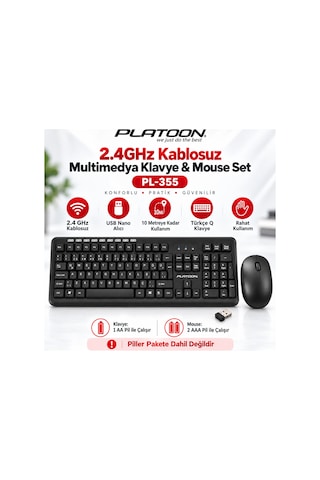 Platoon Pl-355 Kablosuz Türkçe Q Klavye Mouse Seti 2.4 Ghz Usb Nano Alıcılı Multimedya Optik