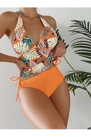 Mayo Kadın Bölünmüş Üçgen Dantel Katı Yaprak Baskılı Bikini Mayo Turuncu