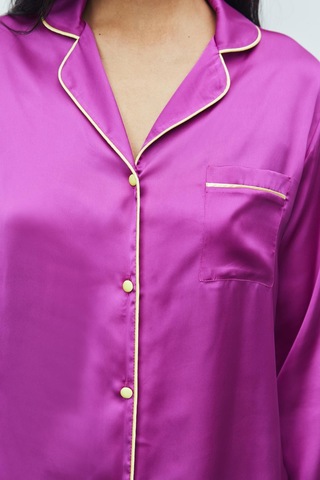 Amour Fuşya Uzun Saten Pijama Takımı Fuşya
