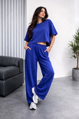 Tarzyeri Kadın Osy Modal Yumuşak Dokulu Oversize İkili Bol Paça Pantolonlu Takım - Saks Mavisi Beyaz