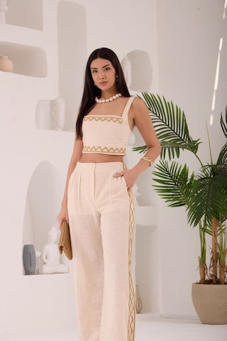 Zikzak Nakış Kalın Askılı Crop Bluz Pantolon 2li Takım Bej