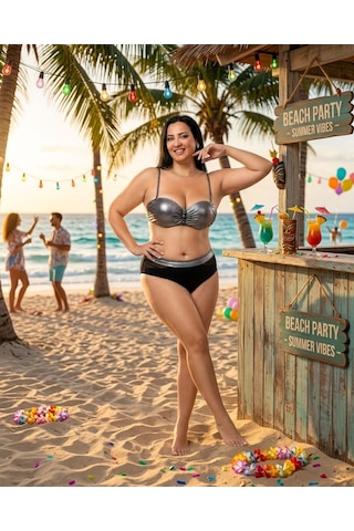 Büyük Beden Destekli Straplez Kesim Parlak Toparlayıcı Yüksek Bel Kadın Bikini Takım Siyah