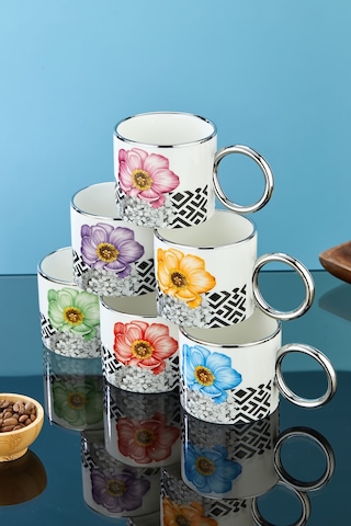 Cooker 200 Ml Çiçek Desenli Gümüş Saplı Porselen Kupa Bardak 6'lı Ckr3802