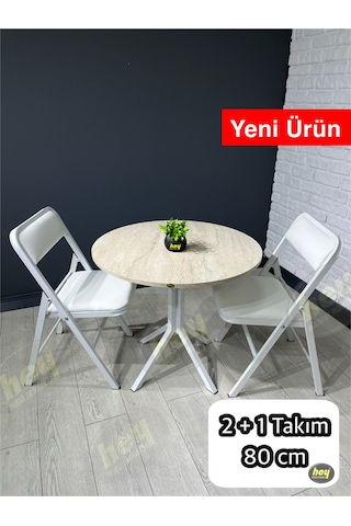 Aras 2 Kişilik Yuvarlak Mutfak Yemek Masası Takımı 2+1 Traverten Beyaz Deri 80 Cm Traverten-beyaz