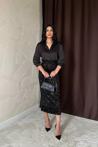 Siyah Pulpayetli Parlak Etek Siyah