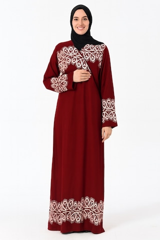 Halkalı Desenli Kruvaze Namaz Elbisesi Yandan Bağlamalı, Rahat Kesim 36 46 Beden Bordo