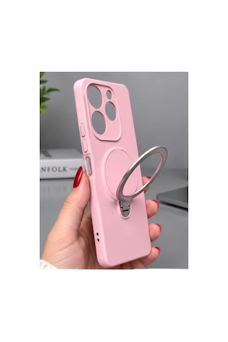 İnfinix Spark 10 Pro İle Uyumlu 360 Derece Dönebilen Kalın Metal Magsafe Halka Stantlı İçi Kadife Korumalı Ultra Lüx Premium Silikon Kılıf Pembe