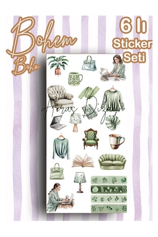 Hiras Dizayn Bohem Boho Temalı Sticker Seti 6 Sayfa Çok Renkli