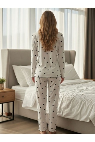 Kadın Kalp Desenli Kurdele Detaylı 2'li Pijama Takım Siyah