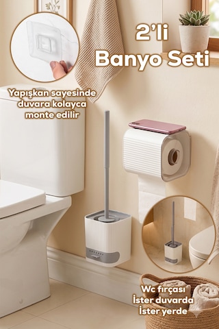 Porsima 2li Banyo Seti Yapışkanlı Banyo Tuvalet Kağıtlığı Tuvalet Fırçası Peçetelik Tuvalet Fırçalığı Beyaz Gri Beyaz - Gri