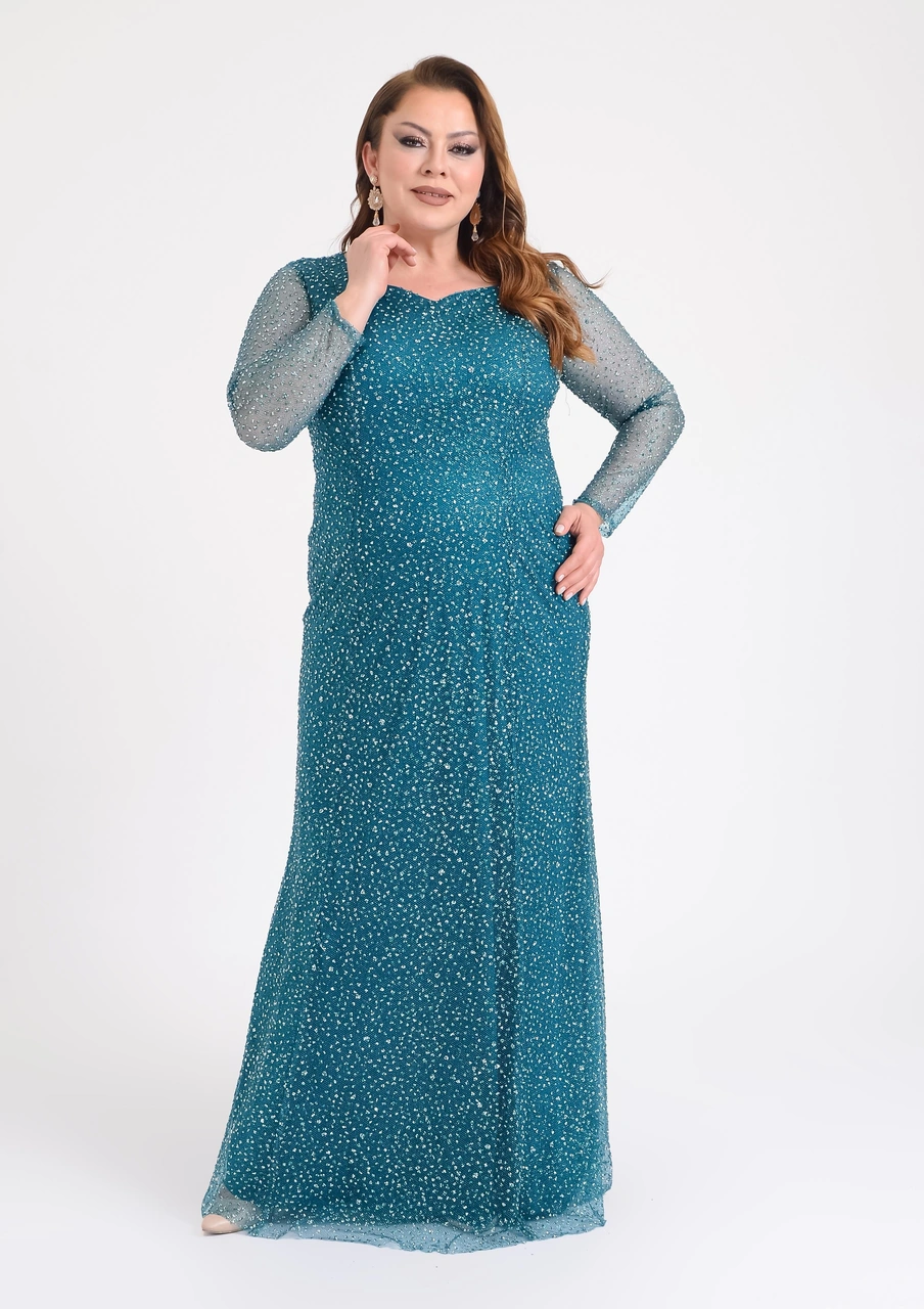 Lilas Xxl Büyük Beden Glitter Baskı Yeşil Renkli Uzun Kollu Uzun Abiye Elbise Yeşil