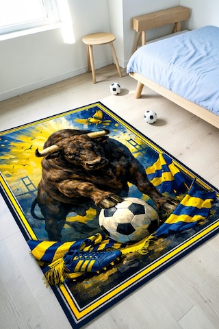 Taraftar Halısı Futbol Topu Desenli Antialerjik Kaymaz Taban Çocuk & Genç Odası Kilim Lacivert-sarı Lacivert-sarı