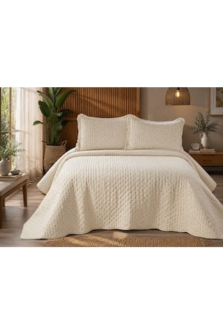 Kapreo Home Viona Çift Kişilik Renkli Nakışlı Premium Kadife Yatak Örtüsü Seti 250x260 Cm Bej - Krem