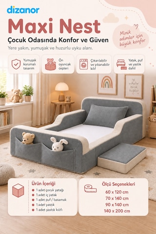 Dizanor Yeni Nesil Maxi Nest %100 Sünger Ve Yıkanabilir Fermuarlı Kumaşa Sahip Bebek, Çocuk Ve Genç Montessori Karyola Baza Ve Başlık Yatağı Seti - Gri - Bej - 140 X 200
