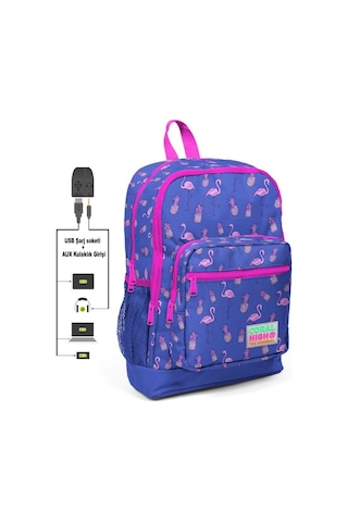 Coral High Kids Dört Gözlü Kız Çocuk İlkokul Çantası Flamingolar Baskılı - USB+AUX 23276Soketli
