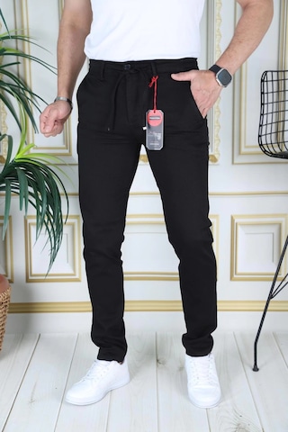 Phantom Jeans Erkek Siyah Slim Fit Esnek Likralı Armürlü Keten Pantolon Bağcıklı Kemerli Beli Lastikli Şık Pantolo Siyah
