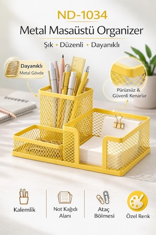 Need Nd-1034 Metal Mesh Masaüstü Organizer 3 Bölmeli, Çok Amaçlı Düzenleyici Sarı