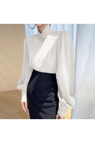 Vonda Kadın Zarif İnci Yakalı Düz Renk Çizgili Uzun Kollu Pileli Bluzlar Beyaz