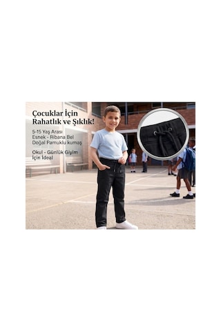 Erdem Kıds Unisex Erkek Kız Çocuk Ribana Bel Lastikli Boru Paça Kanvas-keten Keten Siyah Okul Pantolonu Siyah Siyah