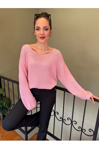 Ali Butik Pembe Oval Yaka Dökümlü Triko Pembe