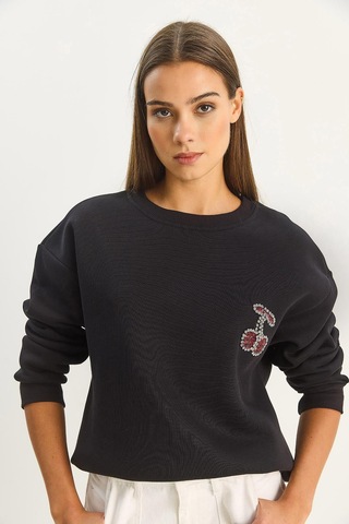 Shade Kadın Bisiklet Yaka Kiraz Taş İşlemeli Üç İplik Şardonlu Sweatshirt 60601047 - Siyah