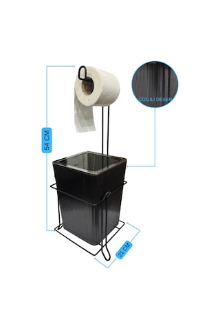 Suntel Lüks Banyo Mutfak Çöp Kovası Metal Standlı Tuvalet Kağıtlık Seti Siyah