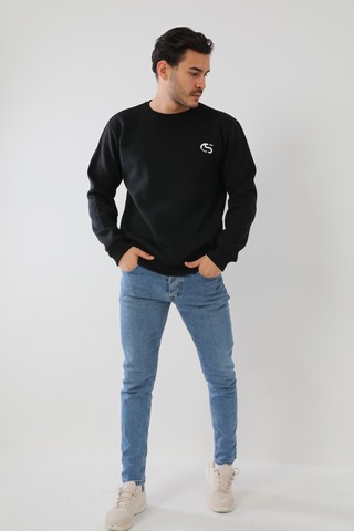 Erkek Siyah Renk Kapşonsuz Baskılı Sweatshirt Siyah
