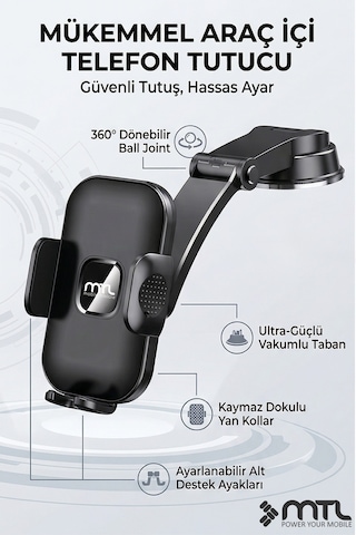 Güçlü Vantuzlu & Teleskopik Kollu Araç İçi Telefon Tutucu Otomatik Kilitli 360 Döner Başlık