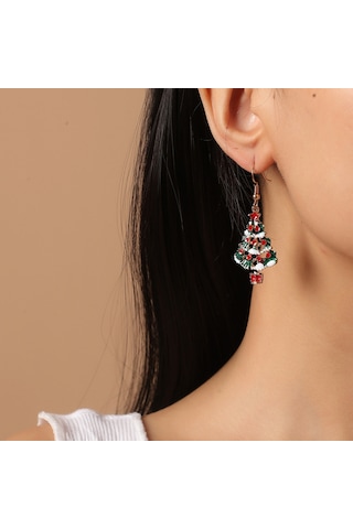 Vkemall Noel Ağaç Desenli Renkli Altın Zincirli Küpe - Noel Partileri Ve Hediyelik Özel Tasarım Gold