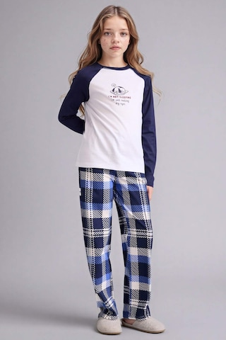 Defacto Kız Çocuk Pijama Takımı Baskılı Uzun Kollu Üst Kareli Uzun Alt F7288a825auwt79 Beyaz-wt79