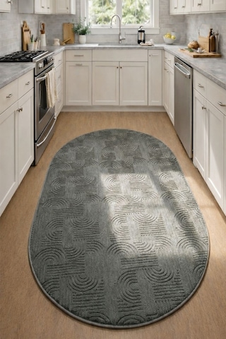 Raschel Carpet Yıkanabilir Oval Elips Leke Tutmaz Emboss Bohem Koyu Gri Mutfak Halısı Özel Seri Kaymaz Taban Halı Antrasit