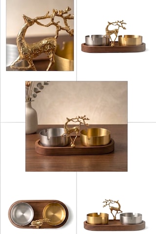 Küllük Ahşap Sunumluk Lüks Geyik Stand Gold-gümüş Metal İkili Dekoratif Küllük Gold